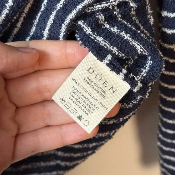 Doen, Boatneck Long Sleeve Top, Navy and White Striped, Small - Picture 2 of 6